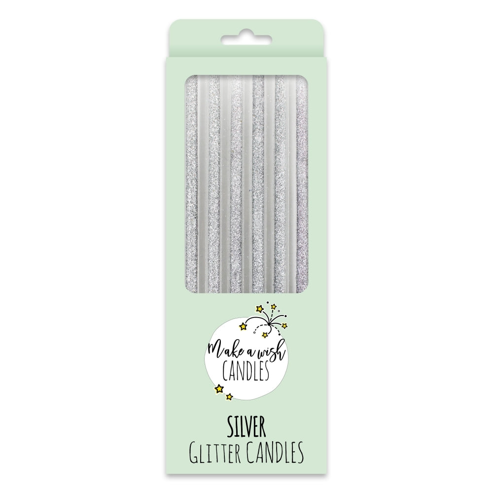 Make A Wish - Tall Silver Glitter Candles x 6